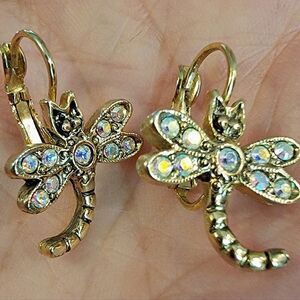 SIGNED Kirks Folly Golden Dragonfly Earrings Iridescent AB Crystals Whimsical